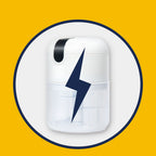 White electronic device with a blue lightning bolt on a yellow background.B charging text.