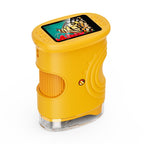 Yellow electronic device with a screen displaying colorful graphics on a white background