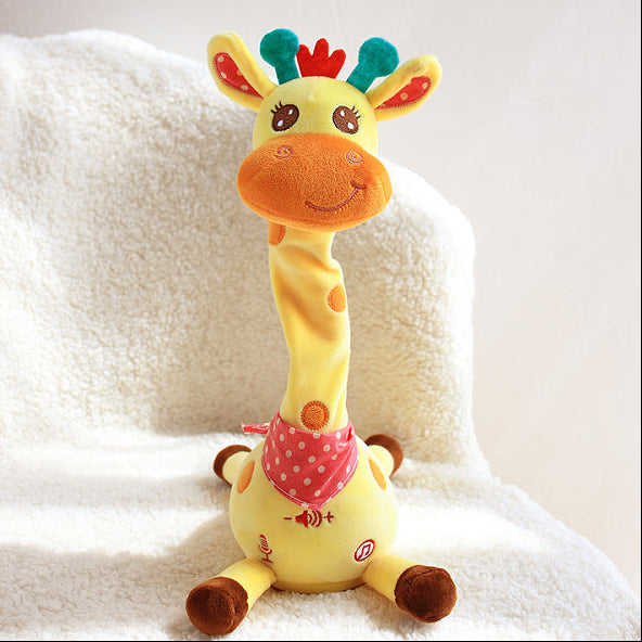 Plush giraffe toy with colorful accents on a white blanket