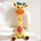 Plush giraffe toy with colorful accents on a white blanket