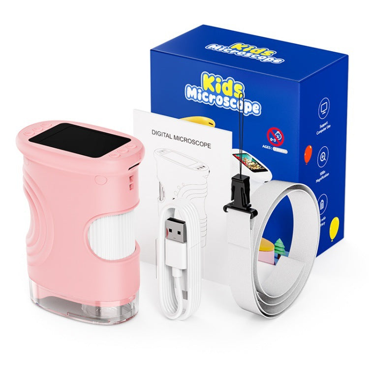 Digital microscope with pink casing, white base, and USB cable, alongside its packaging labeled 'Kids Microscope'.