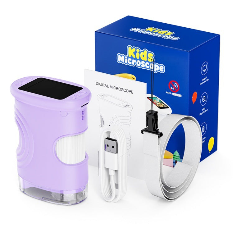 Digital microscope with packaging labeled 'Kids Microscope' on a white background