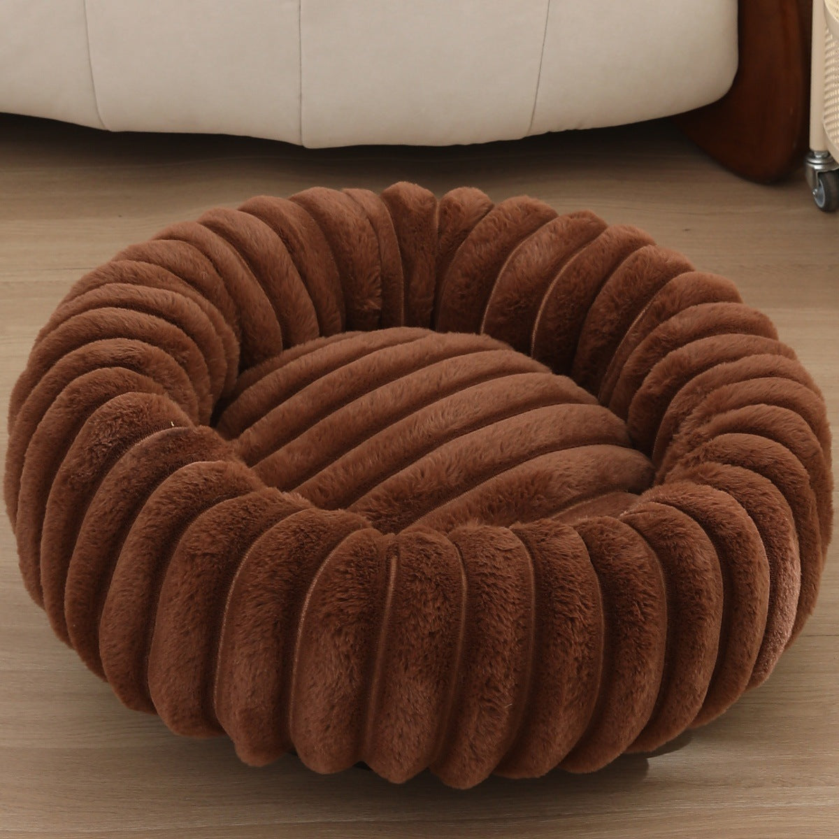 New pet bed high weight straight striped rabbit plush pet mat long hair round cat bed winter warm dog bed dog bed