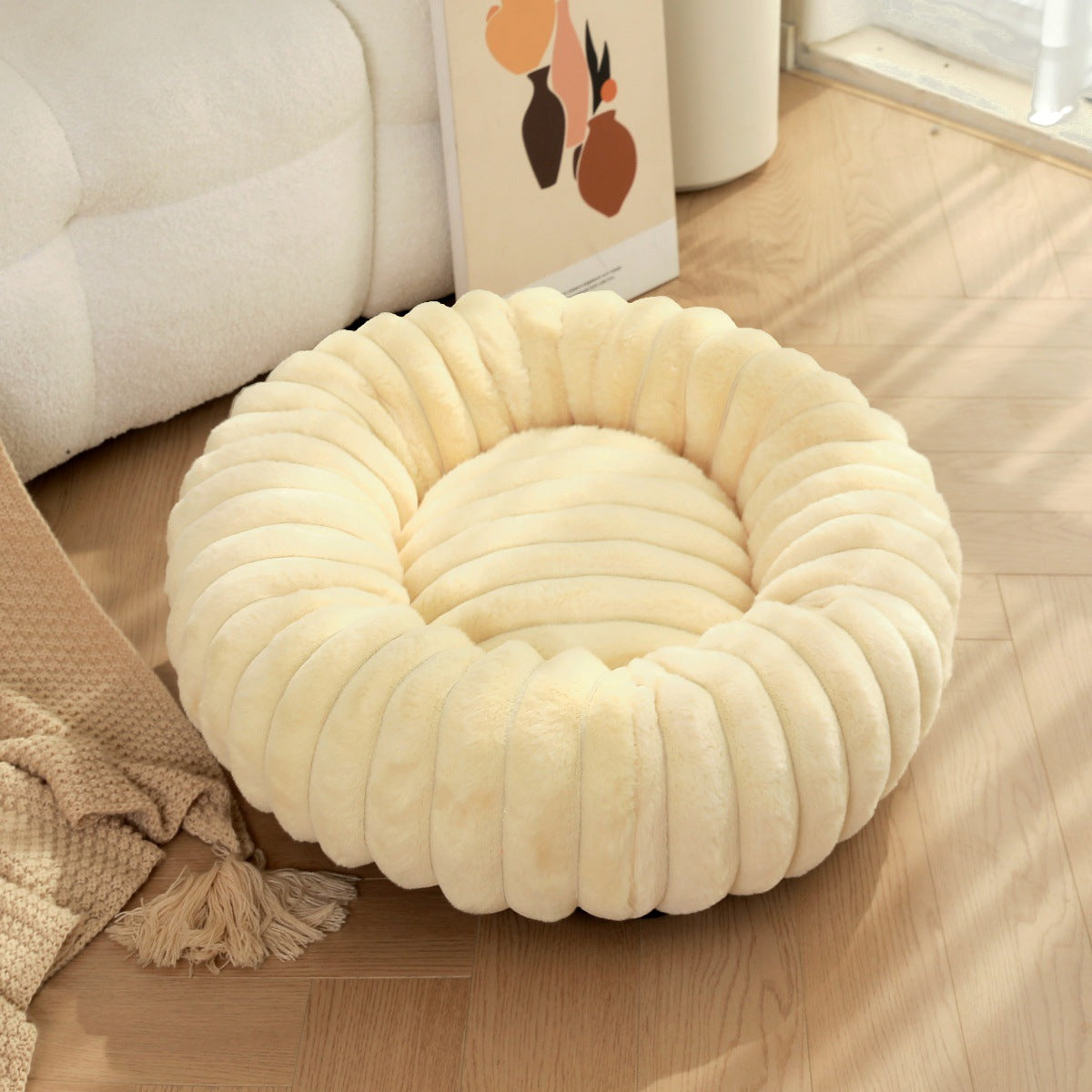 New pet bed high weight straight striped rabbit plush pet mat long hair round cat bed winter warm dog bed dog bed