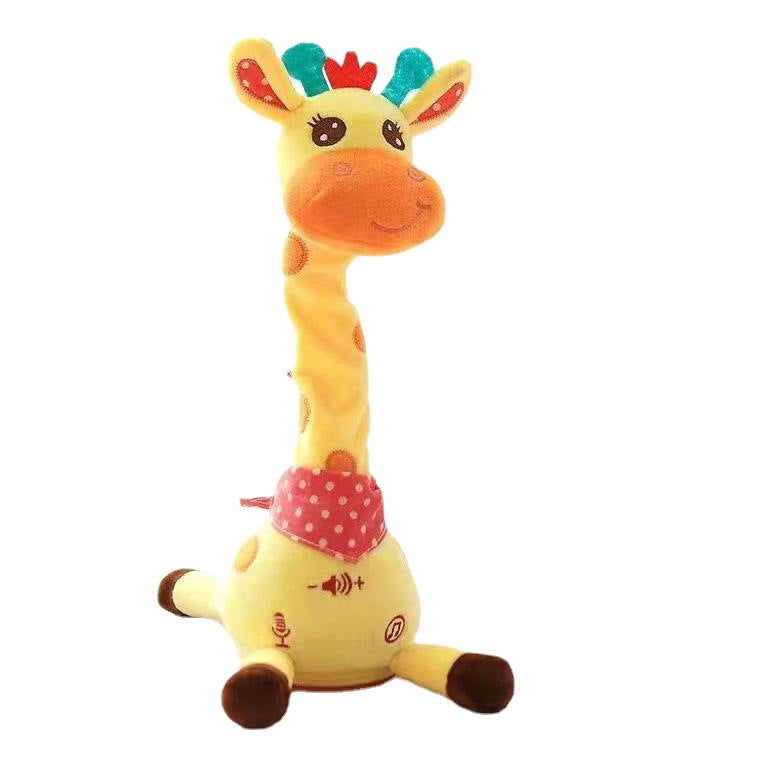 A yellow giraffe plush toy with a long neck, smiling orange face, multicolored antlers, a red polka-dot bow tie, and brown hooves, shown on a plain white background.