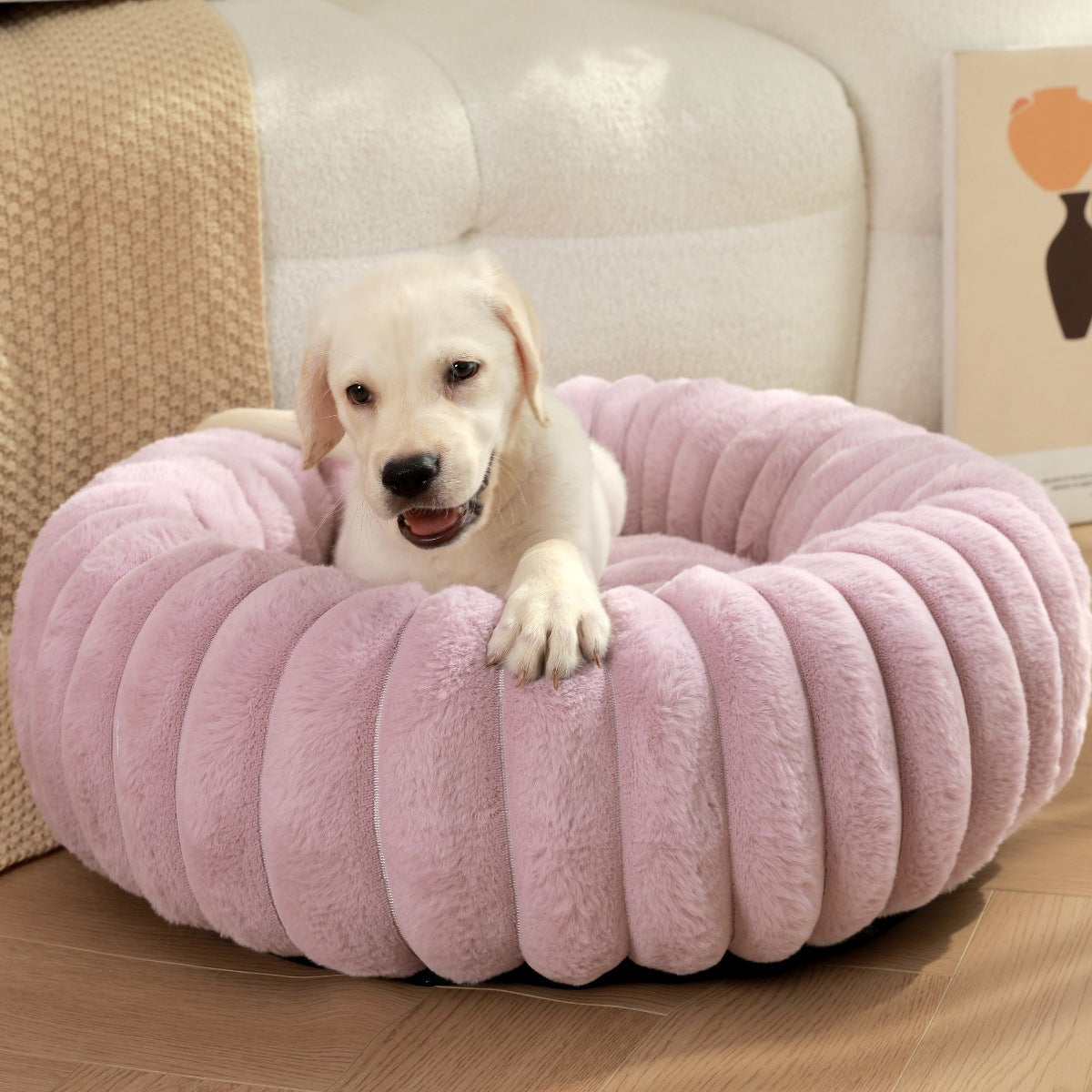 New pet bed high weight straight striped rabbit plush pet mat long hair round cat bed winter warm dog bed dog bed