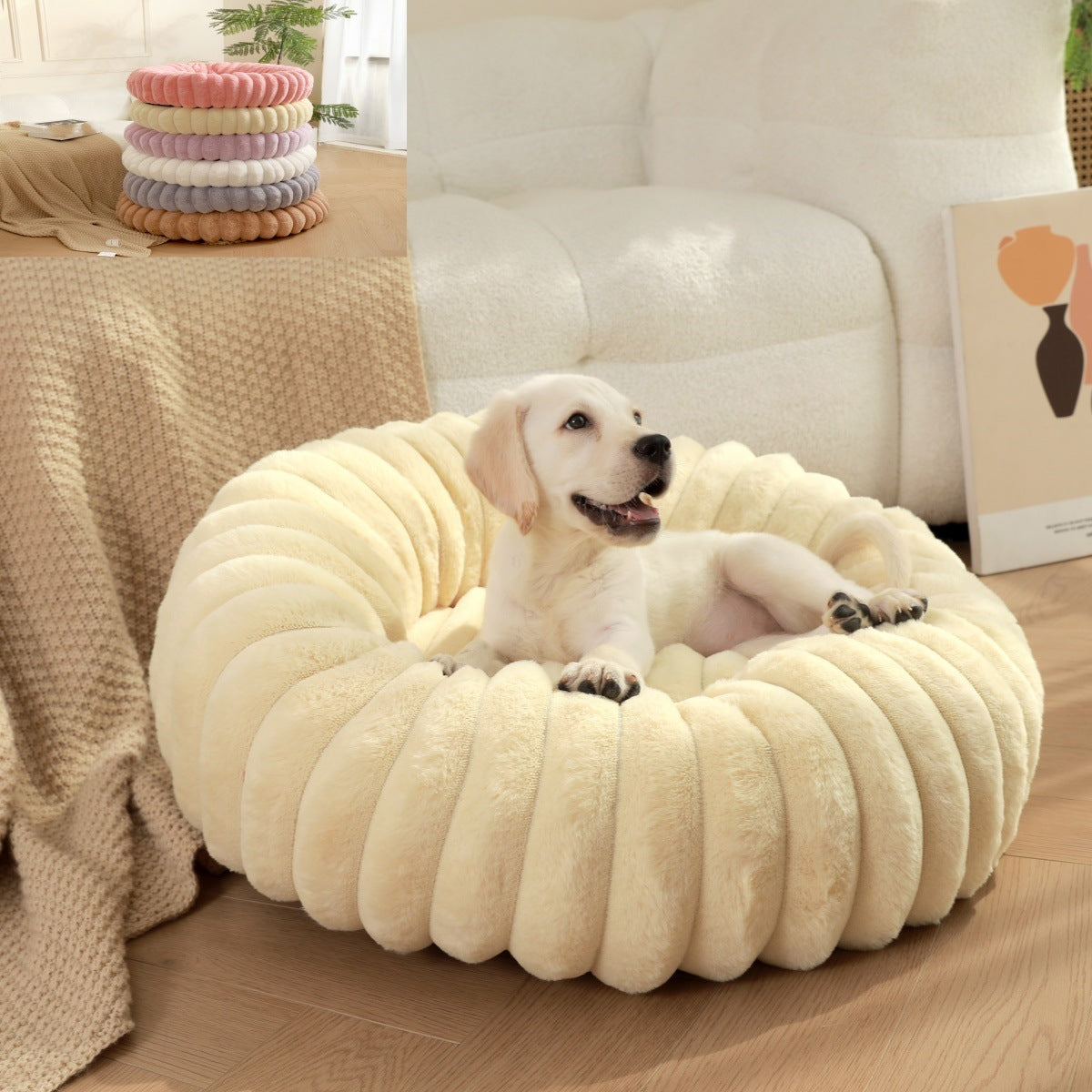 New pet bed high weight straight striped rabbit plush pet mat long hair round cat bed winter warm dog bed dog bed