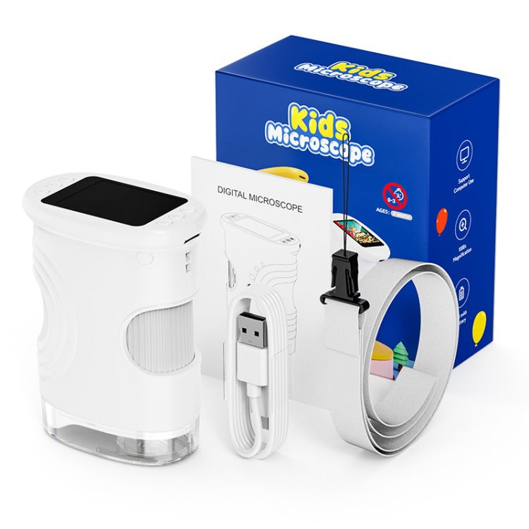 Digital microscope with packaging labeled 'Kids Microscope' on a white background