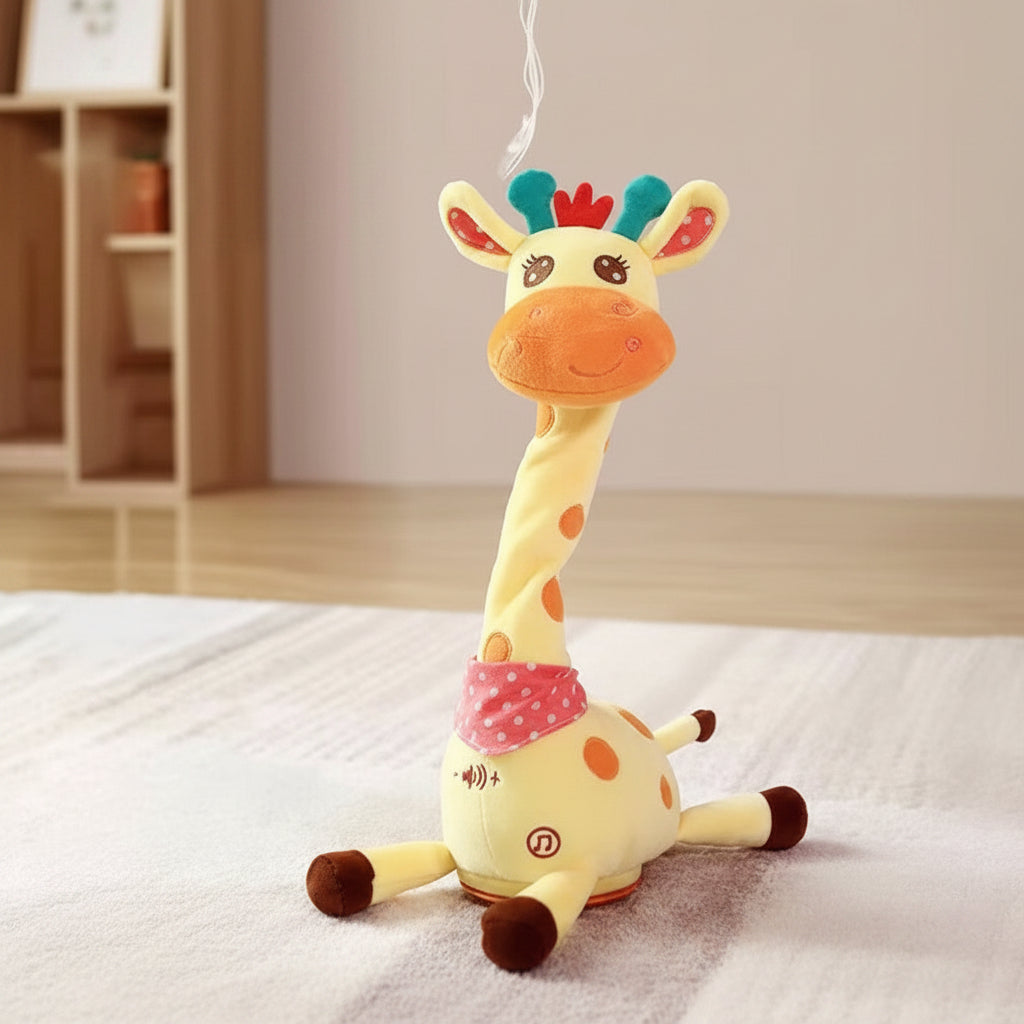 A plush giraffe baby toy with a long neck, orange snout, and colorful ears, sitting on a light-colored floor.