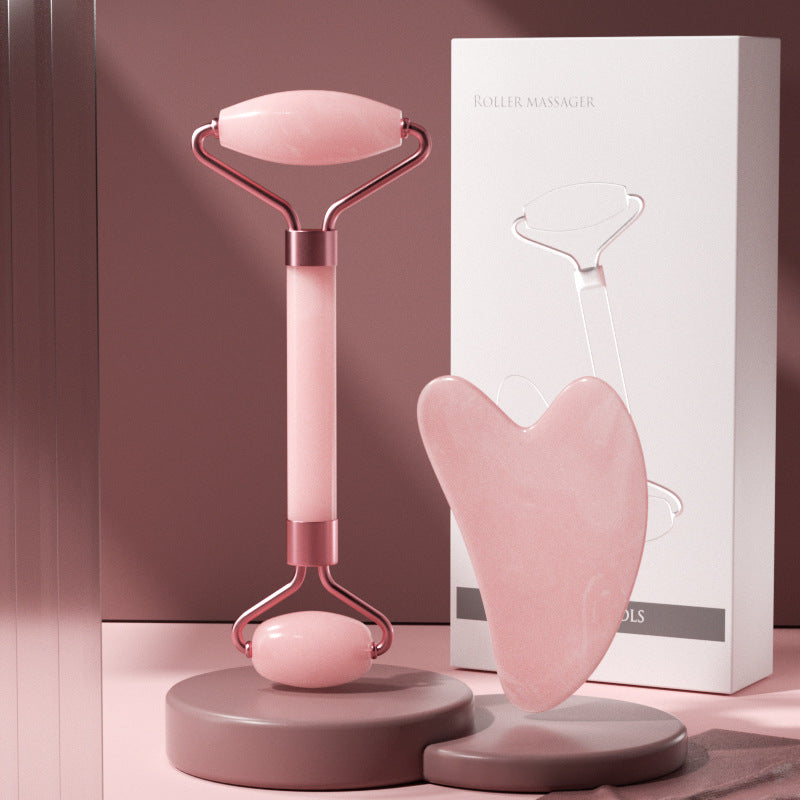 Rose Quartz Roller Massager Set Non-Jade Face Roller Massager Facial Beauty Shaving Double Head Massage Stick