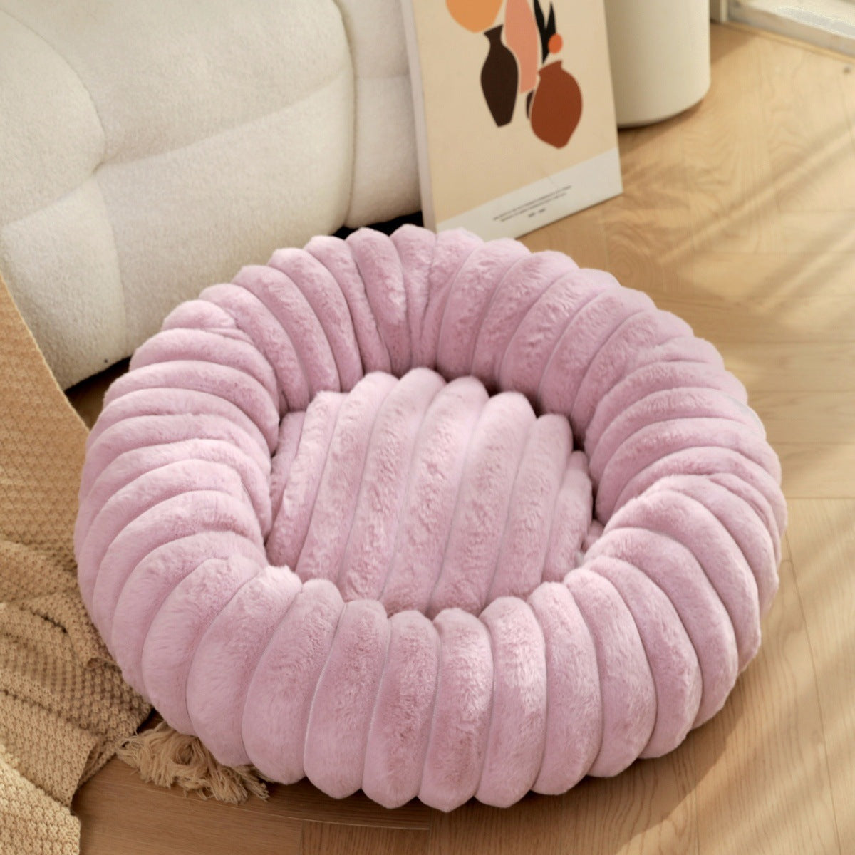 New pet bed high weight straight striped rabbit plush pet mat long hair round cat bed winter warm dog bed dog bed