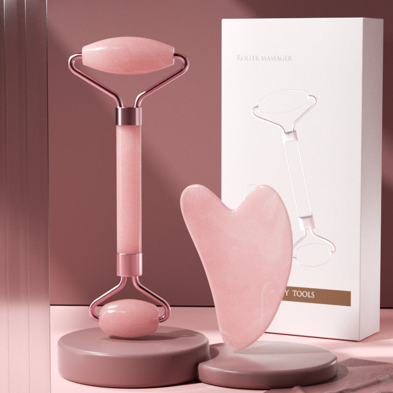Rose Quartz Roller Massager Set Non-Jade Face Roller Massager Facial Beauty Shaving Double Head Massage Stick