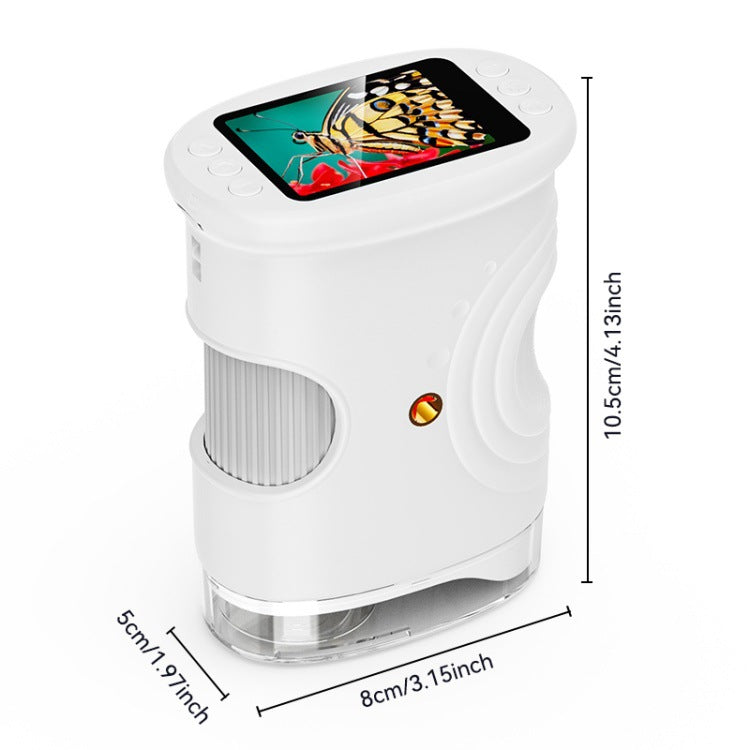 White electronic device with a screen displaying a butterfly image, shown with dimensions on a white background.