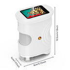 White electronic device with a screen displaying a butterfly image, shown with dimensions on a white background.