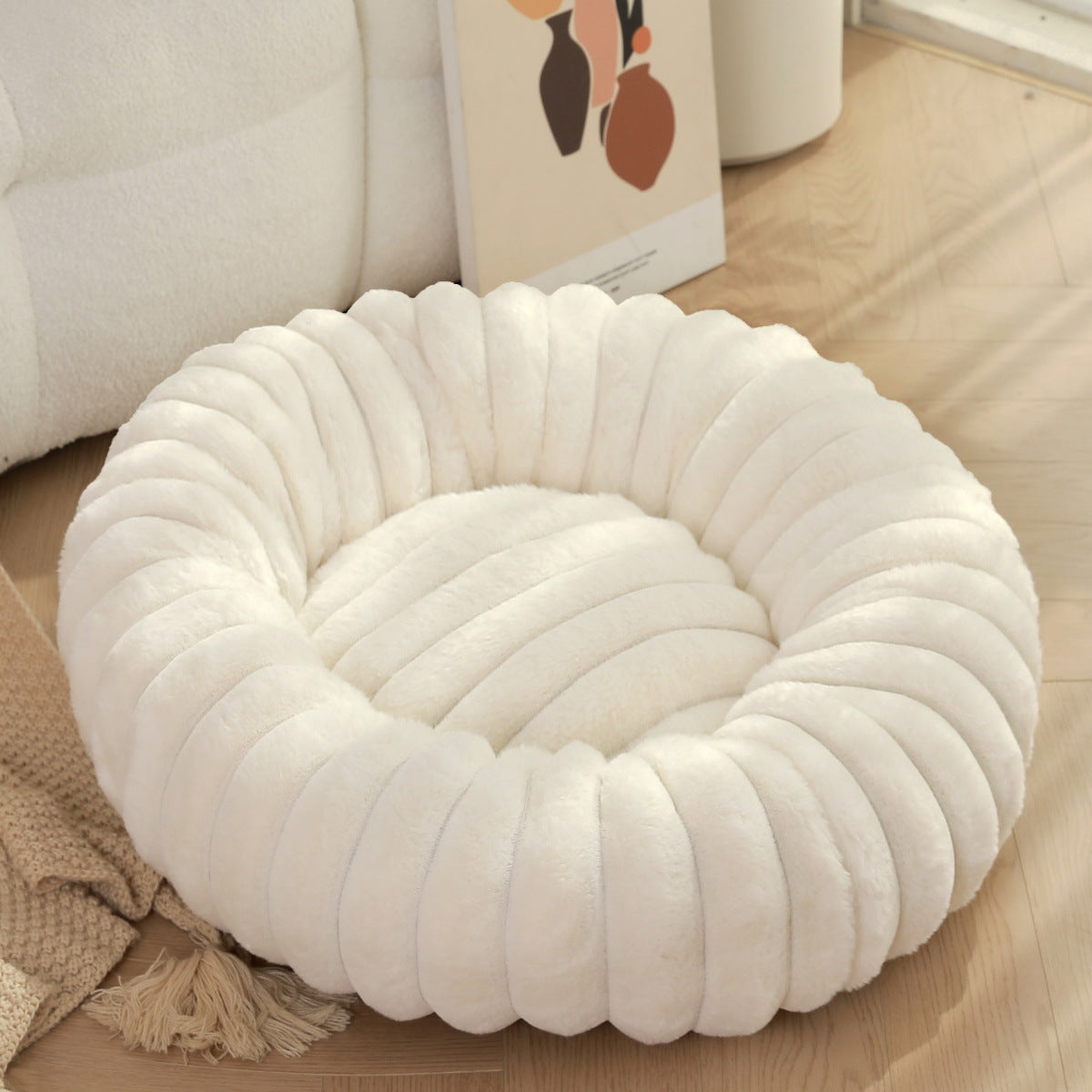 New pet bed high weight straight striped rabbit plush pet mat long hair round cat bed winter warm dog bed dog bed