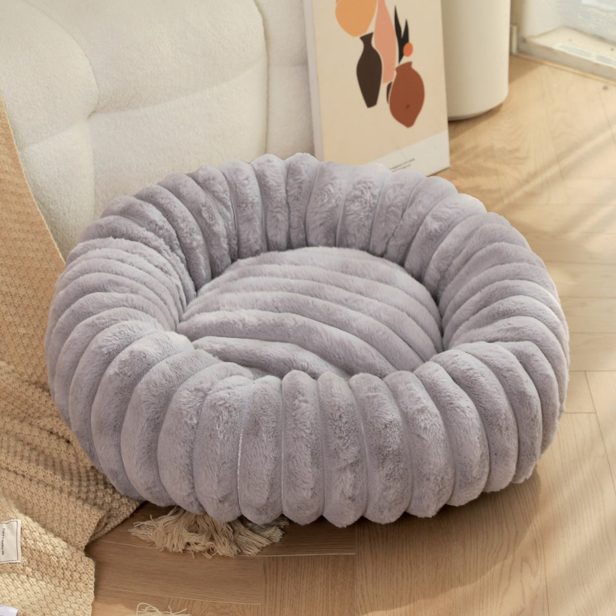 New pet bed high weight straight striped rabbit plush pet mat long hair round cat bed winter warm dog bed dog bed