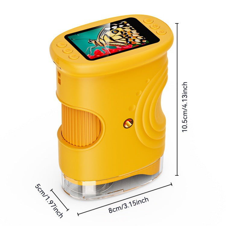Yellow electronic device with a screen displaying colorful graphics, shown with dimensions on a white background.