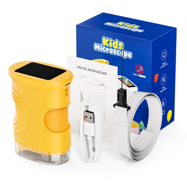 Yellow digital microscope with white USB cable and blue 'Kids Microscope' box on a white background