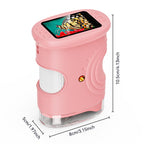 Pink electronic device with a screen displaying butterfly images, shown with dimensions on a white background.