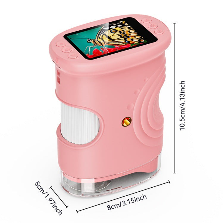 Pink electronic device with a screen displaying butterfly images, shown with dimensions on a white background.