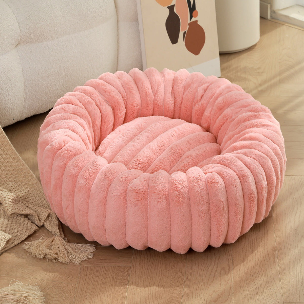 New pet bed high weight straight striped rabbit plush pet mat long hair round cat bed winter warm dog bed dog bed
