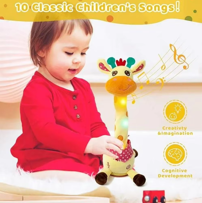 A toddler in a red long-sleeve top plays with a giraffe-shaped musical toy on a white floor, with text reading '10 Classic Children's Songs!' and feature icons for creativity and cognitive development.