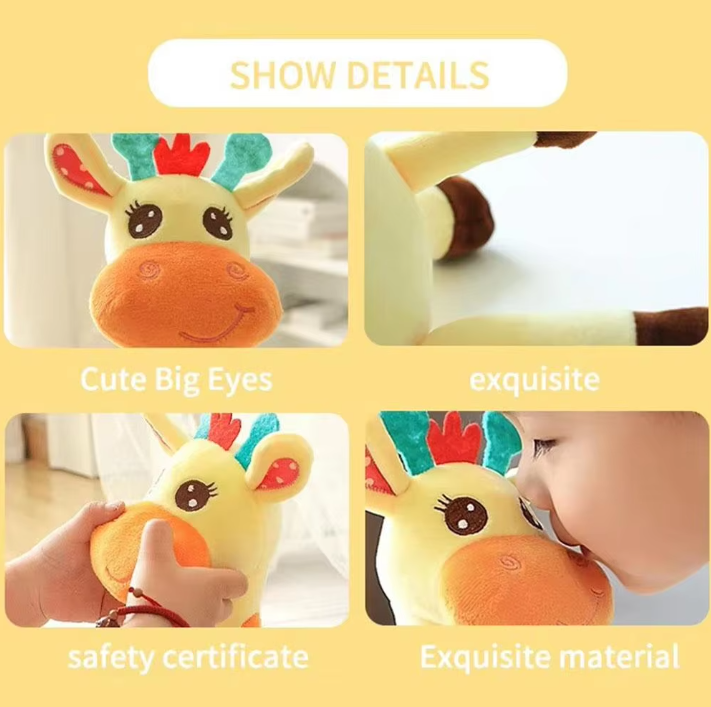 A four-panel promotional graphic for a plush giraffe toy. The panels show close-ups of the toy's face, a hand holding it, a safety certificate, and a child kissing the toy.