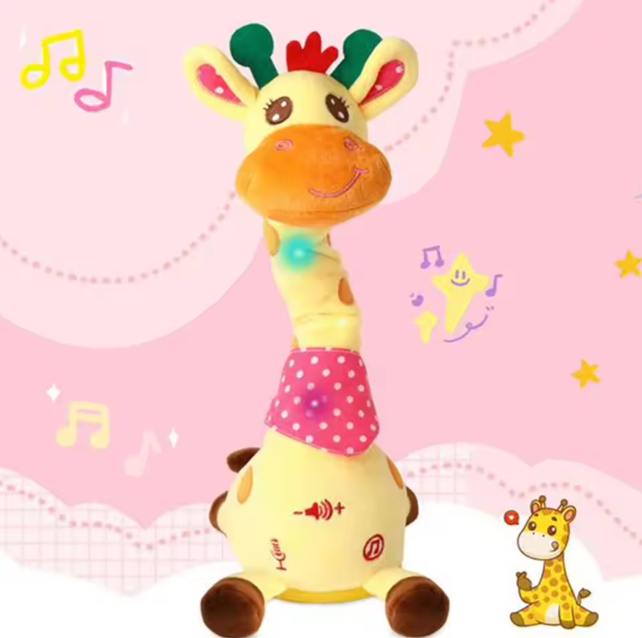 A colorful plush giraffe toy with a long neck, yellow body, pink polka-dot skirt, and multicolored ears, shown on a pink background with musical notes, stars, and a small cartoon giraffe.