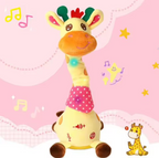 A colorful plush giraffe toy with a long neck, yellow body, pink polka-dot skirt, and multicolored ears, shown on a pink background with musical notes, stars, and a small cartoon giraffe.