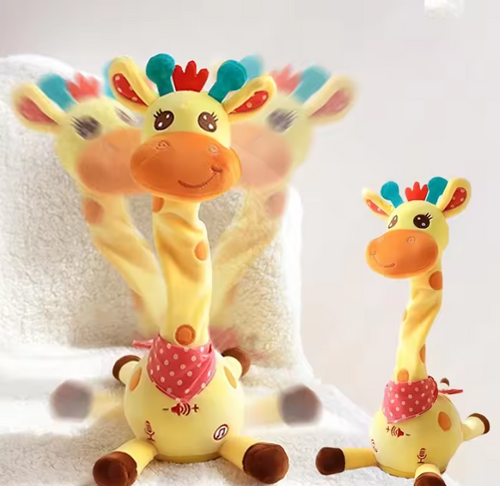 Two yellow giraffe plush toys with colorful ears, smiling faces, and red polka-dot neck wraps, posed on a soft white fabric background.